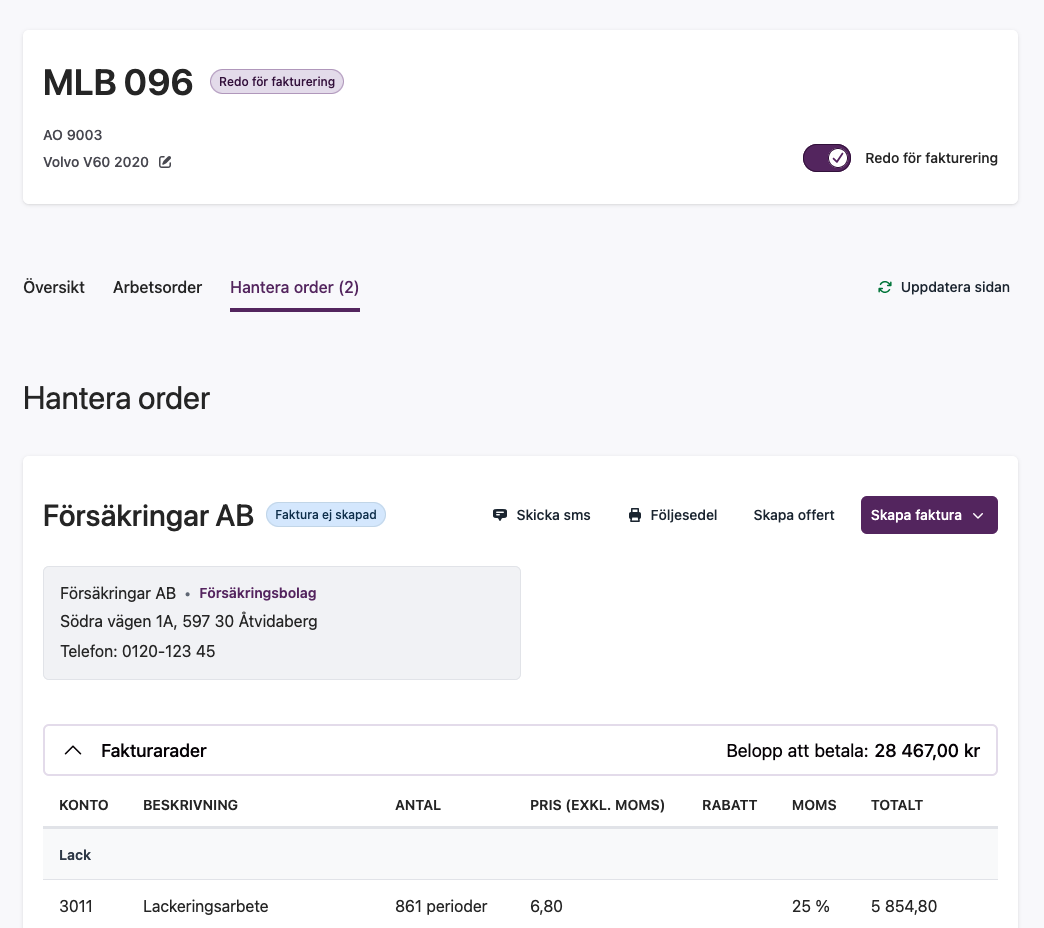 Skärmdump från VIM2 med arbetsorder och fakturaunderlag.